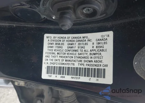 2019 Honda Civic Si z USA, uszkodzony, nr VIN 2HGFC1E59KH701776